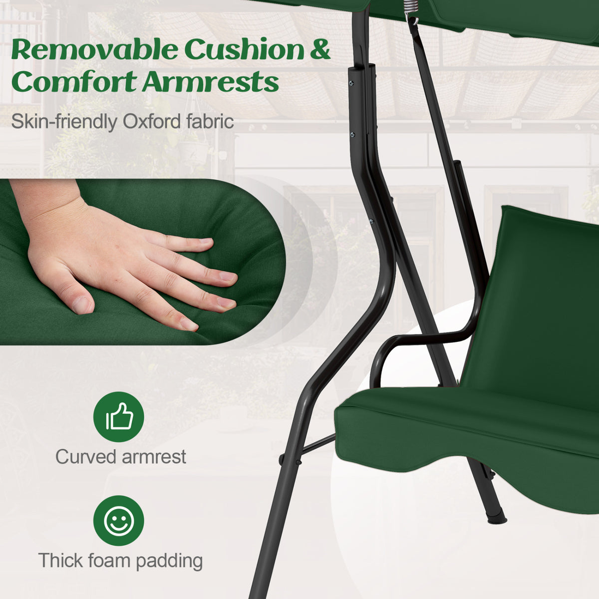 3 Seat Outdoor Patio Canopy Swing with Cushioned Steel Frame-Dark Green view 8