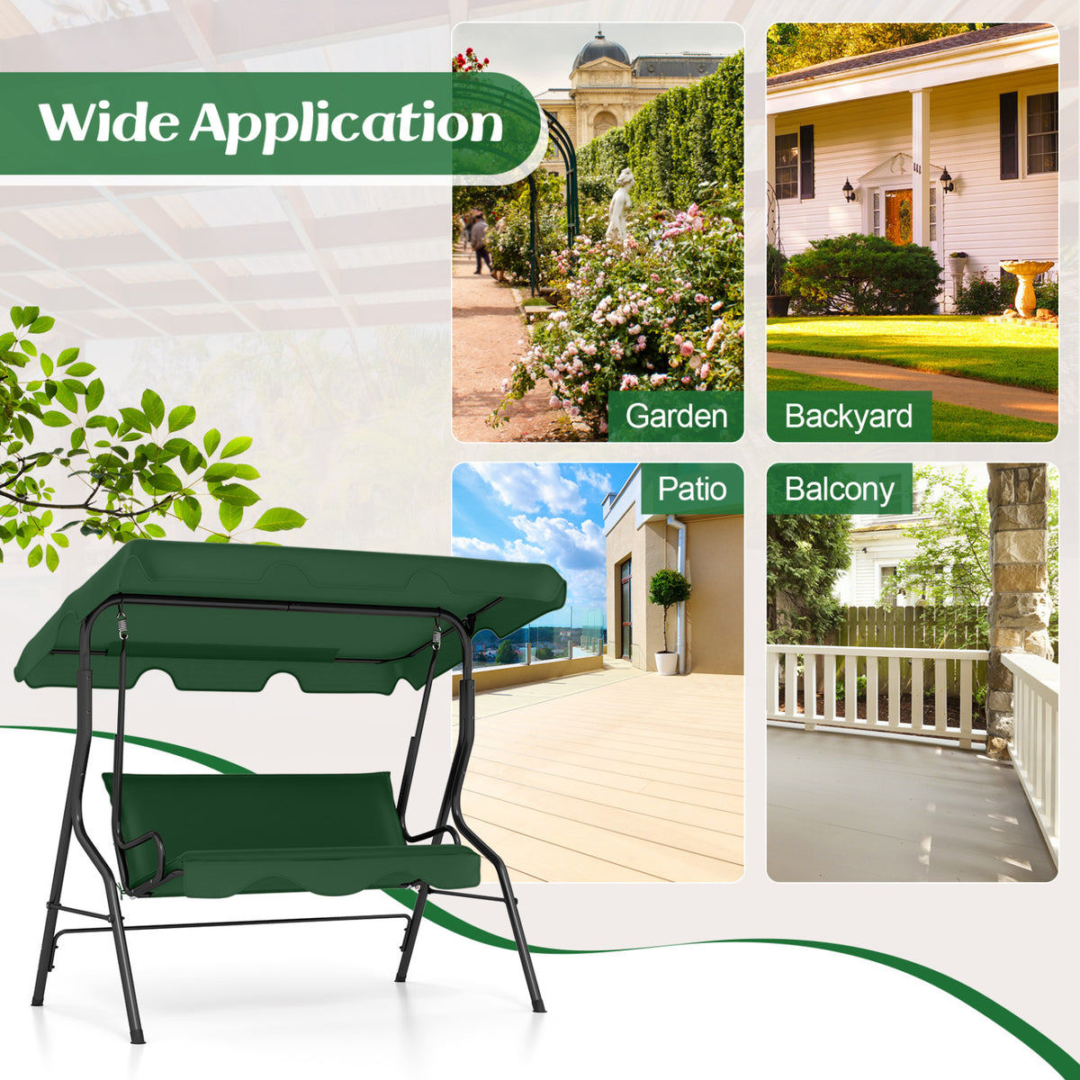 3 Seat Outdoor Patio Canopy Swing with Cushioned Steel Frame-Dark Green view 9
