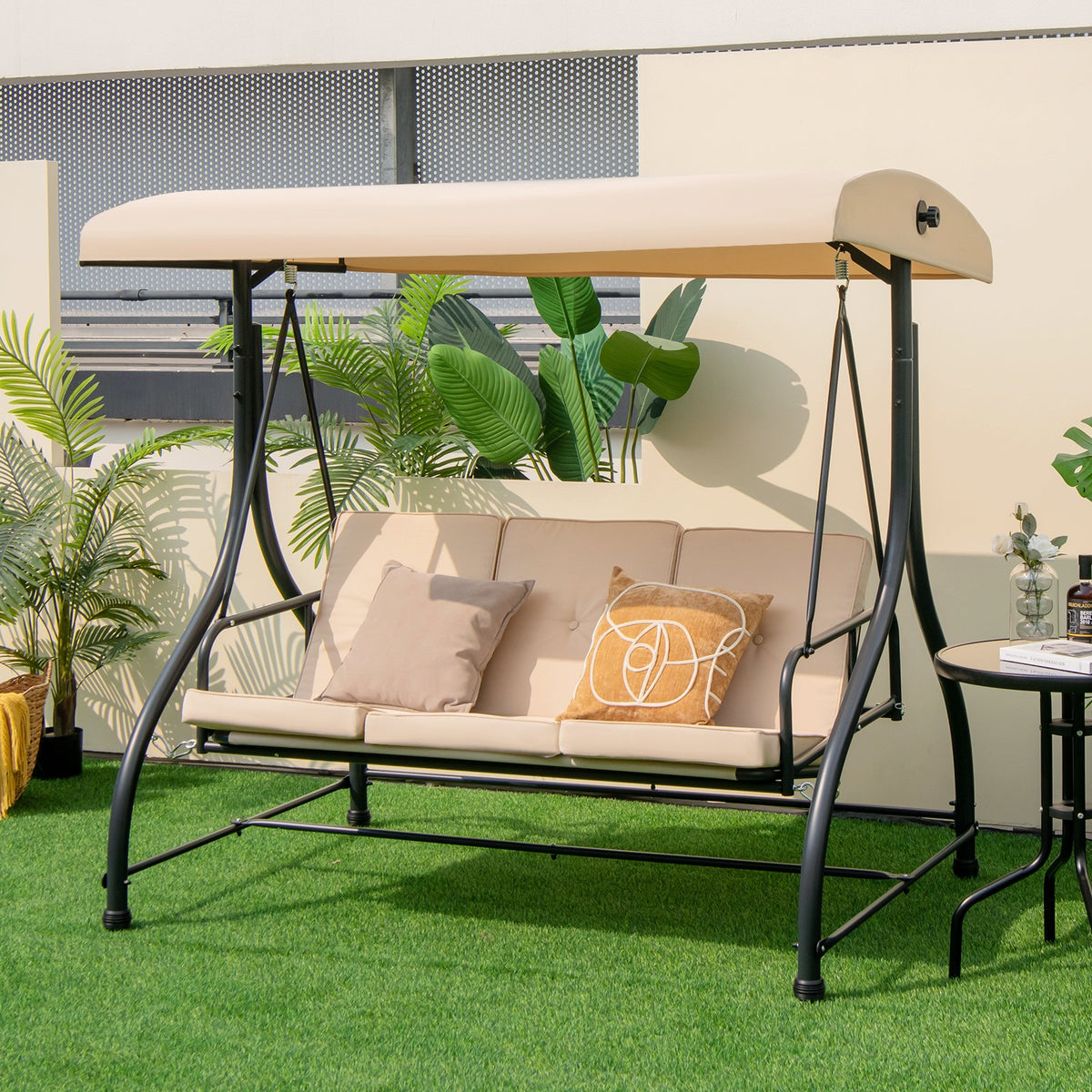 3 Seat Outdoor Porch Swing with Adjustable Canopy-Beige view 2