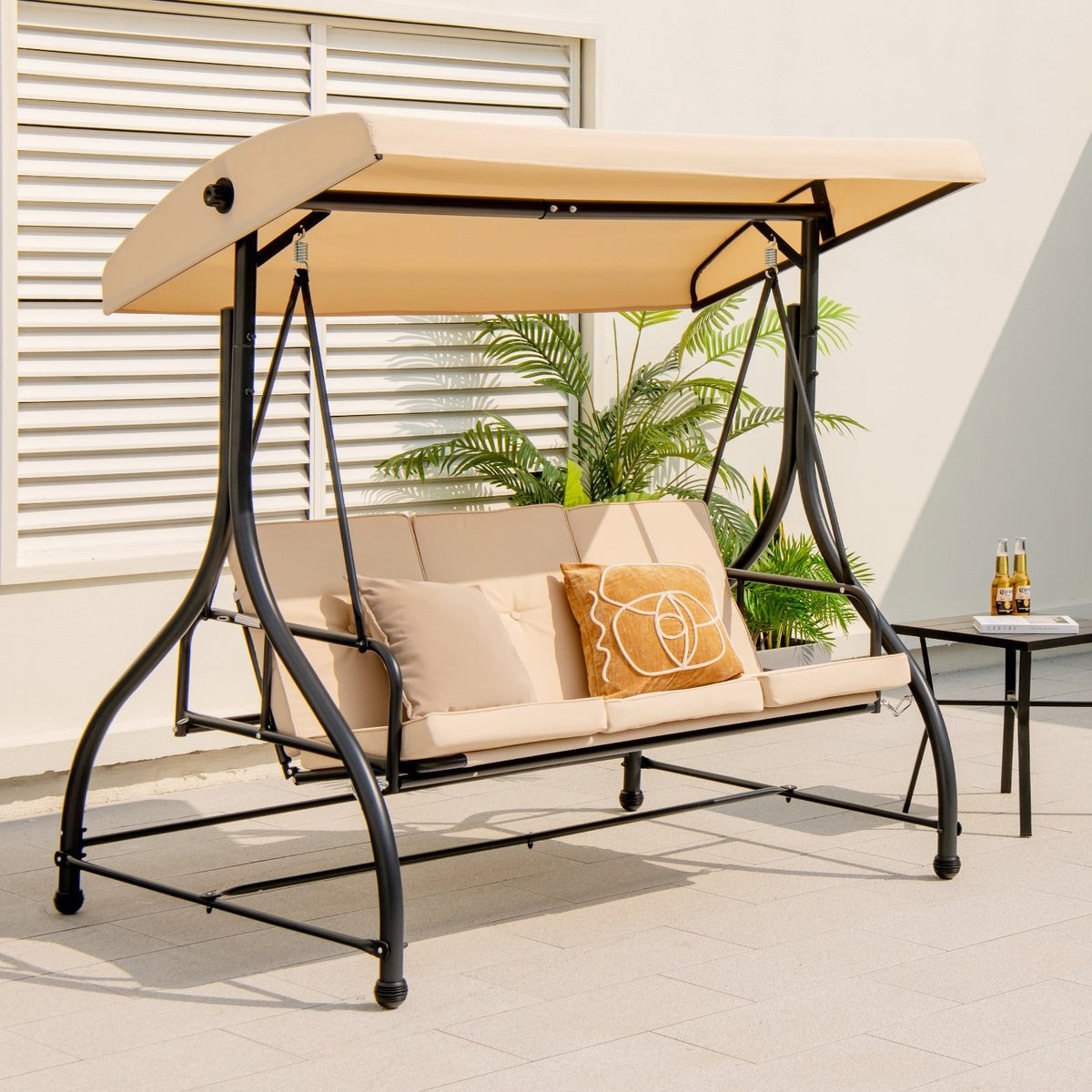 3 Seat Outdoor Porch Swing with Adjustable Canopy-Beige view 3