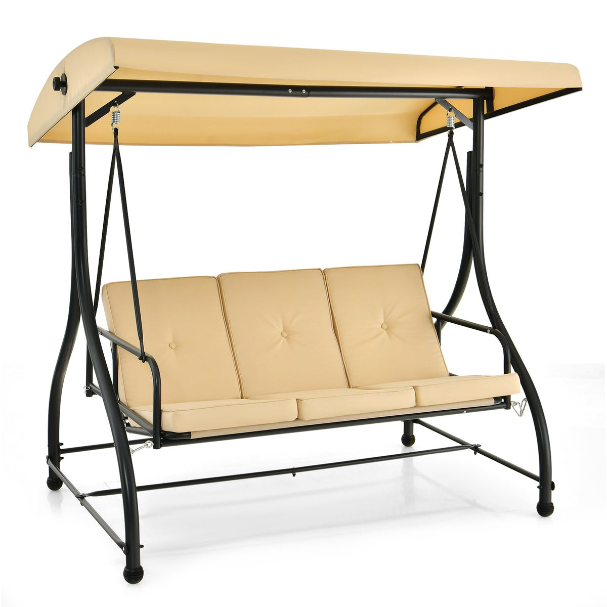 3 Seat Outdoor Porch Swing with Adjustable Canopy-Beige view 4