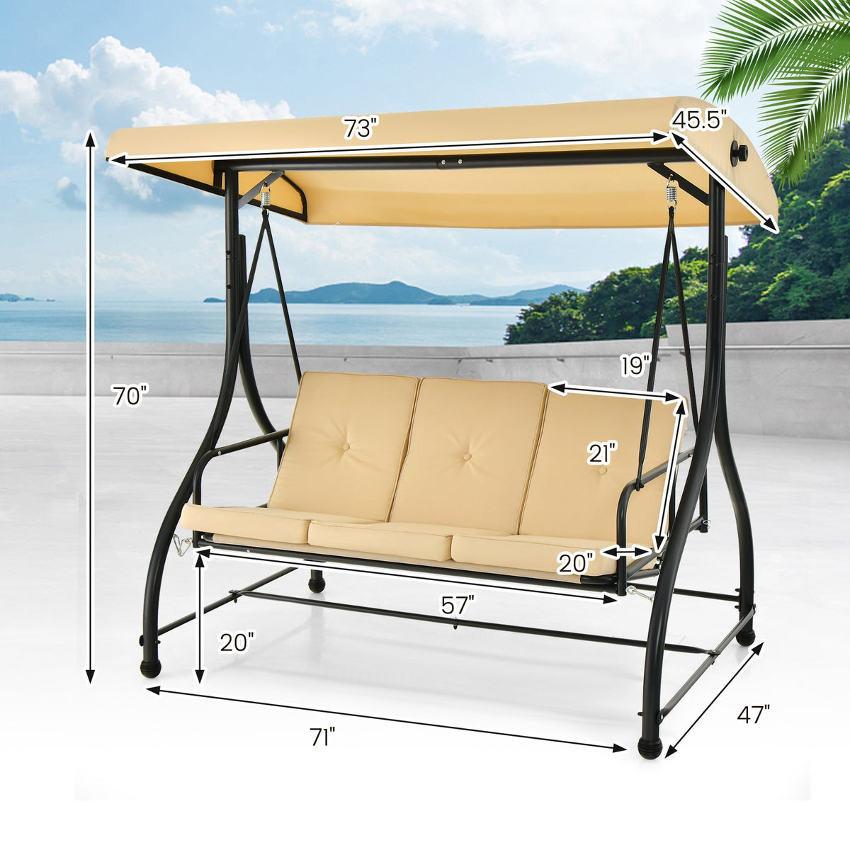 3 Seat Outdoor Porch Swing with Adjustable Canopy-Beige view 5