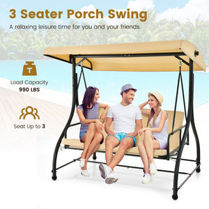 3 Seat Outdoor Porch Swing with Adjustable Canopy-Beige view 6