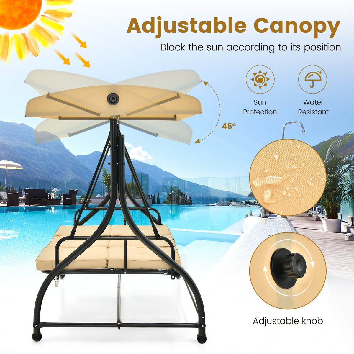 3 Seat Outdoor Porch Swing with Adjustable Canopy-Beige view 7