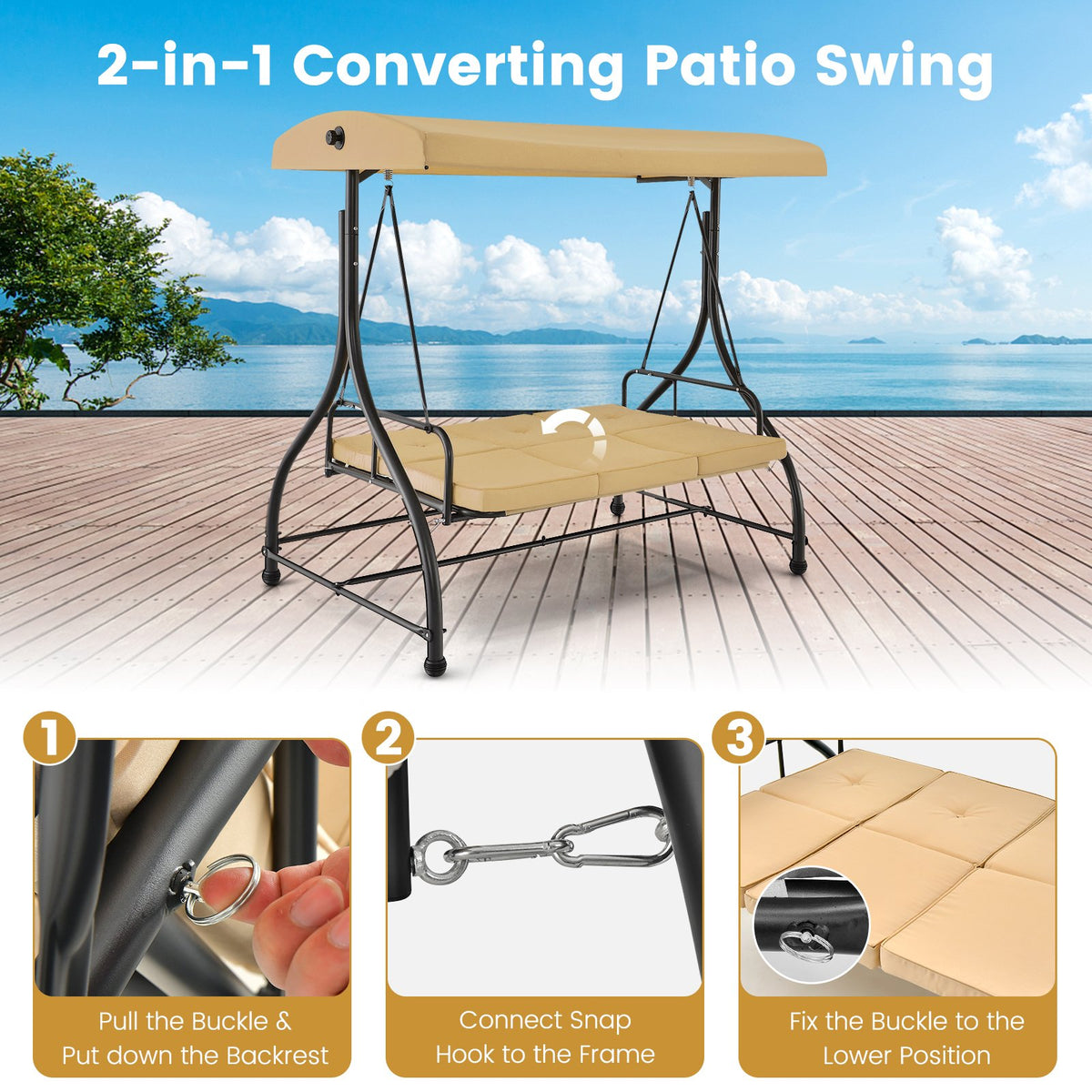 3 Seat Outdoor Porch Swing with Adjustable Canopy-Beige view 8