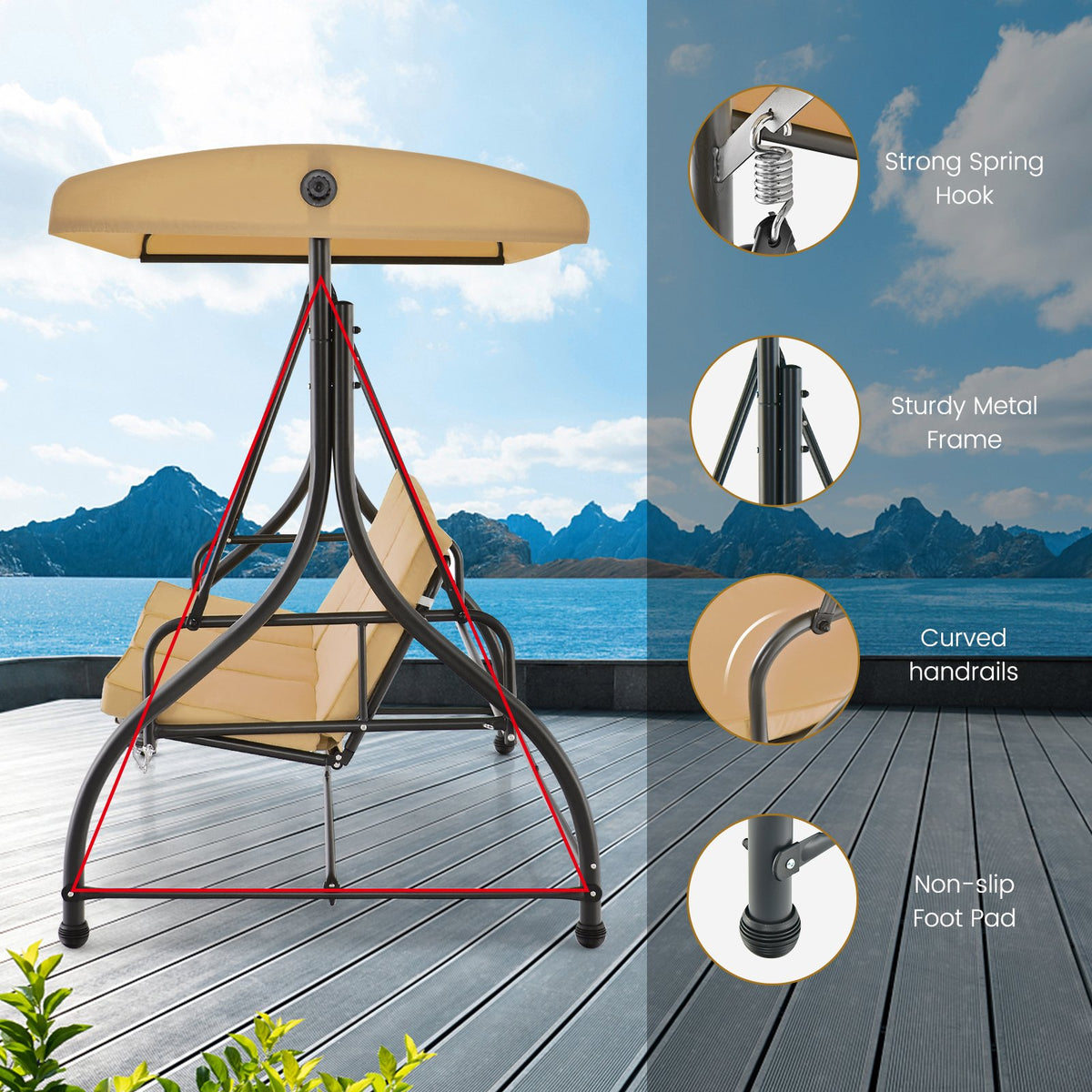 3 Seat Outdoor Porch Swing with Adjustable Canopy-Beige view 9