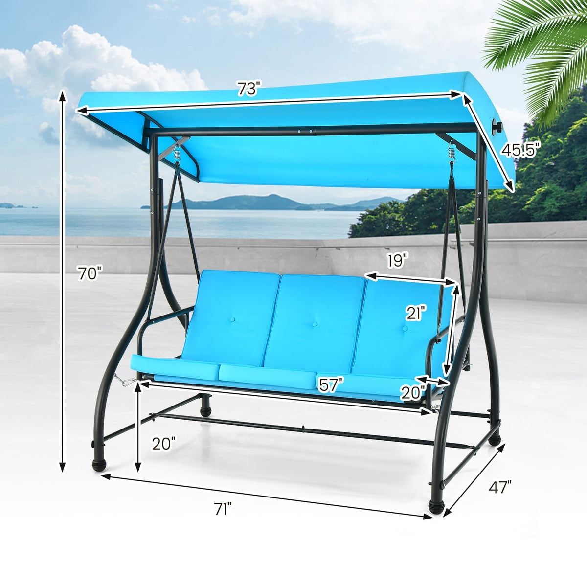 3 Seat Outdoor Porch Swing with Adjustable Canopy-Blue view 5