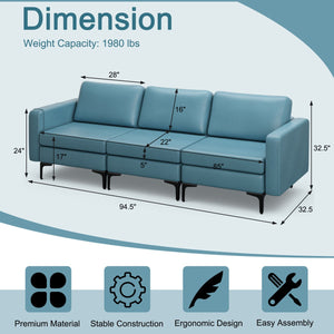 3-Seat Sectional Sofa Couch with Armrest Magazine Pocket and Metal Leg-Blue view 5