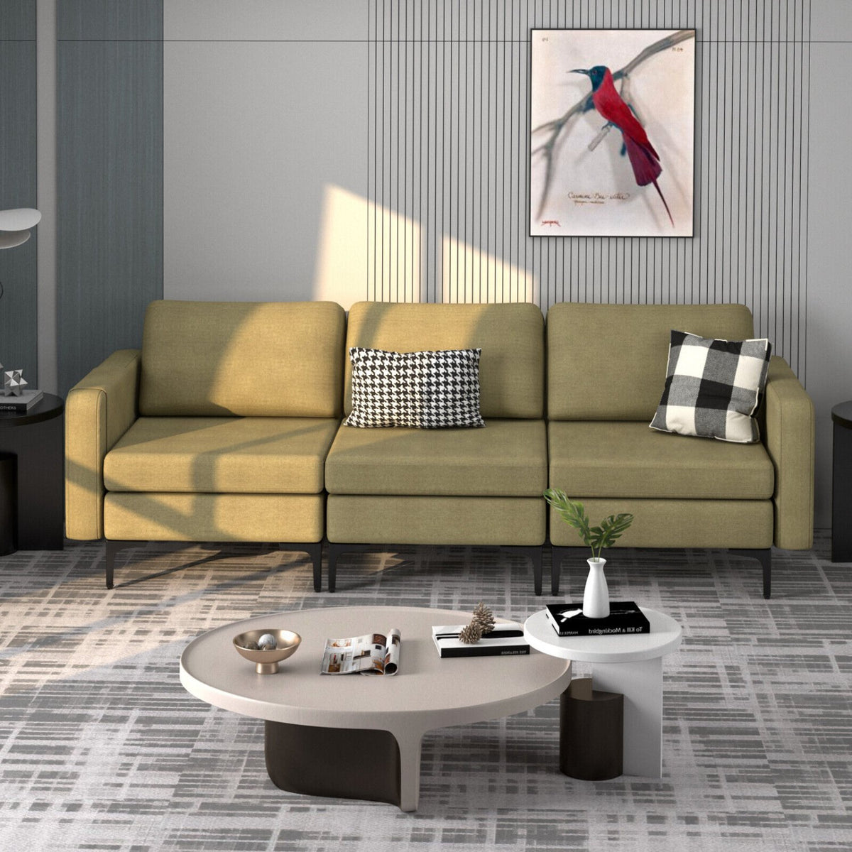 3-Seat Sectional Sofa Couch with Armrest Magazine Pocket and Metal Leg-Green view 3