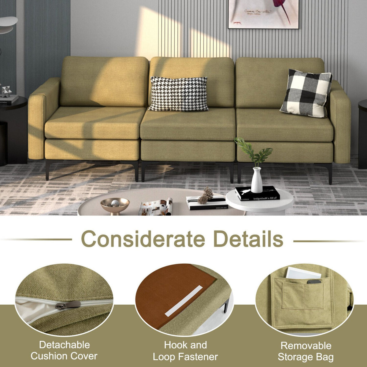 3-Seat Sectional Sofa Couch with Armrest Magazine Pocket and Metal Leg-Green view 8