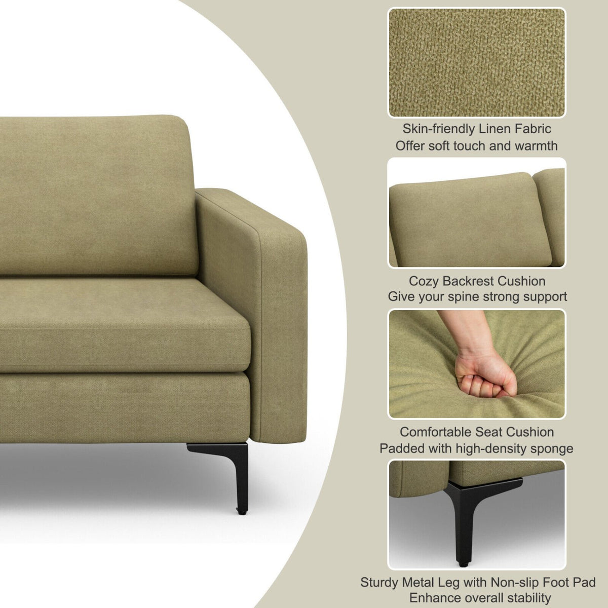 3-Seat Sectional Sofa Couch with Armrest Magazine Pocket and Metal Leg-Green view 9