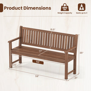 3-Seater Outdoor Wooden Bench 59 inch Large Garden Bench with Backrest-Brown view 4
