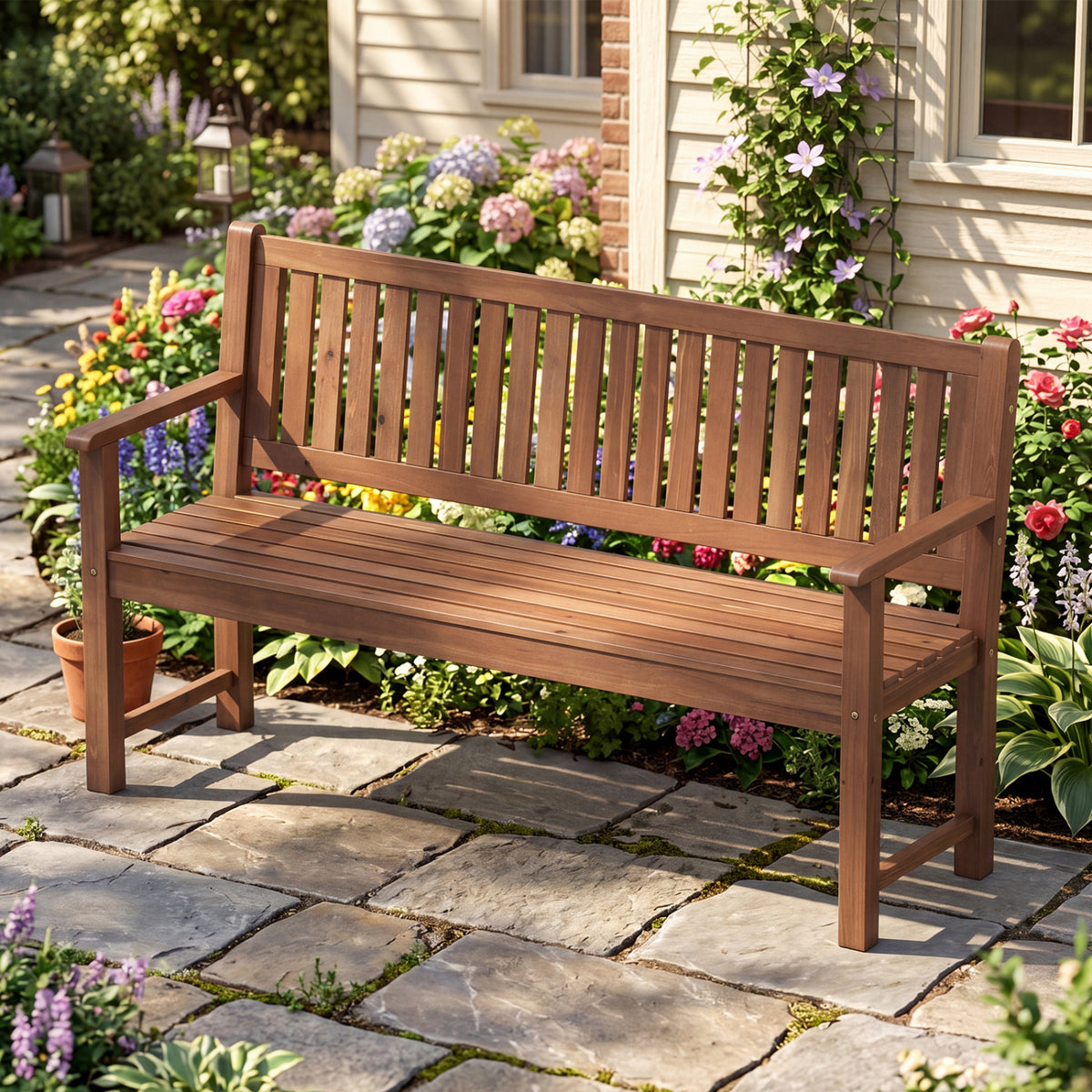 3-Seater Outdoor Wooden Bench 59 inch Large Garden Bench with Backrest-Brown view 5
