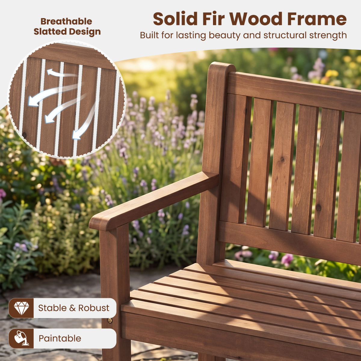 3-Seater Outdoor Wooden Bench 59 inch Large Garden Bench with Backrest-Brown view 7