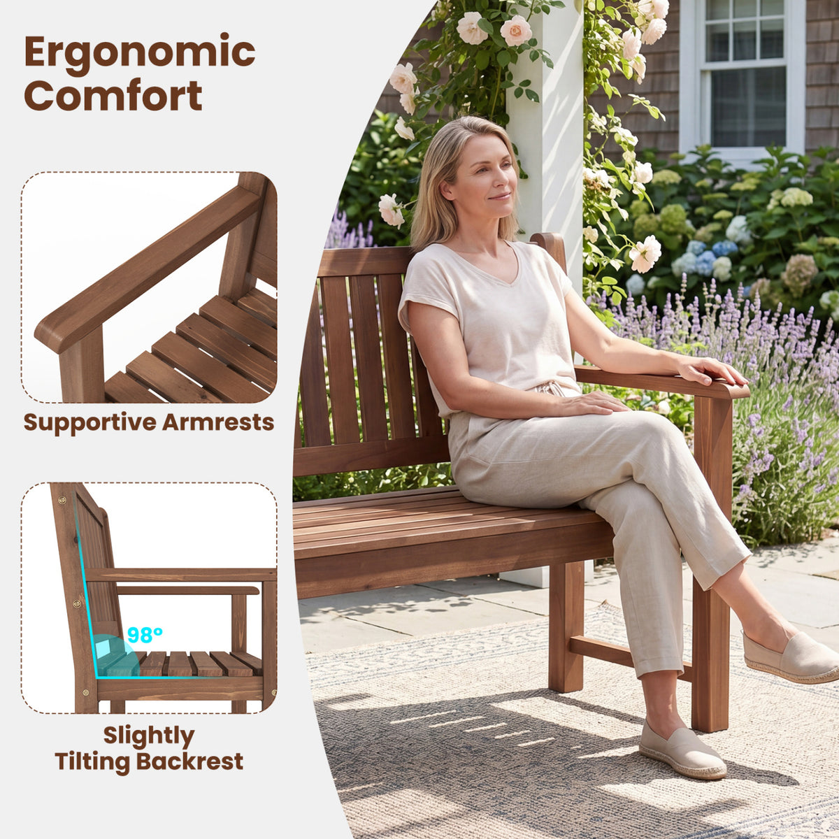 3-Seater Outdoor Wooden Bench 59 inch Large Garden Bench with Backrest-Brown view 8