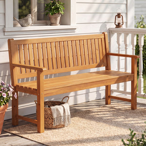 3-Seater Outdoor Wooden Bench 59 inch Large Garden Bench with Backrest-Yellow view 2