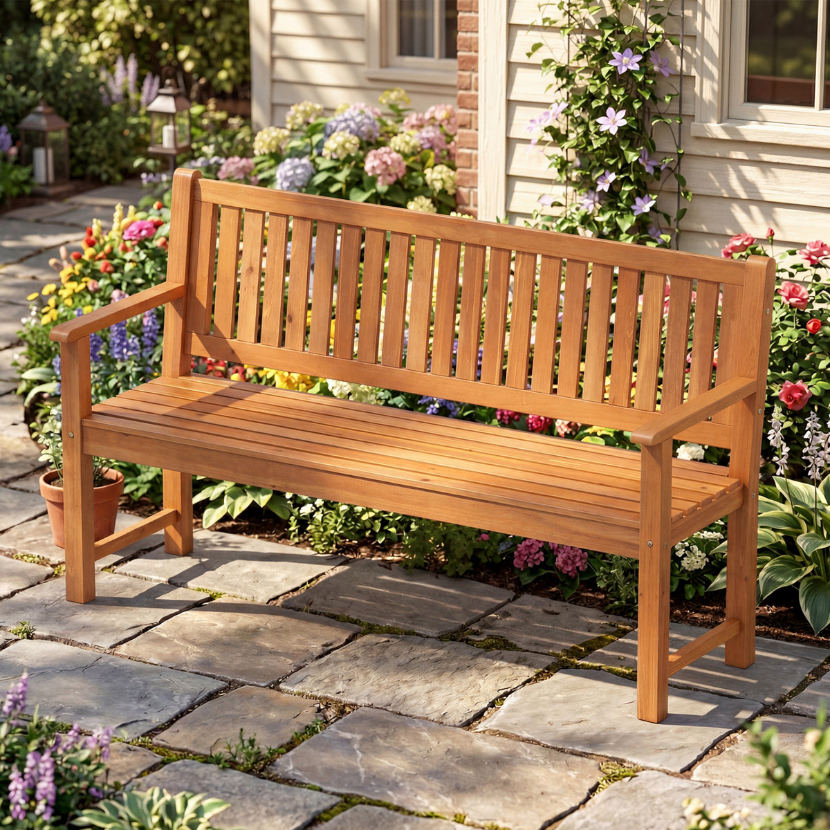 3-Seater Outdoor Wooden Bench 59 inch Large Garden Bench with Backrest-Yellow view 3