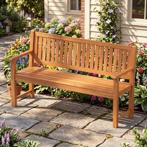 3-Seater Outdoor Wooden Bench 59 inch Large Garden Bench with Backrest-Yellow view 3