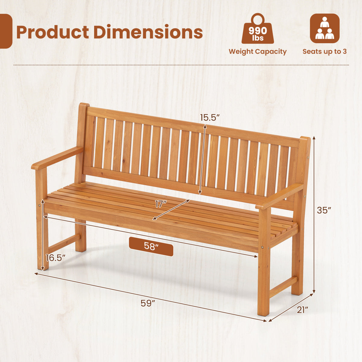 3-Seater Outdoor Wooden Bench 59 inch Large Garden Bench with Backrest-Yellow view 5