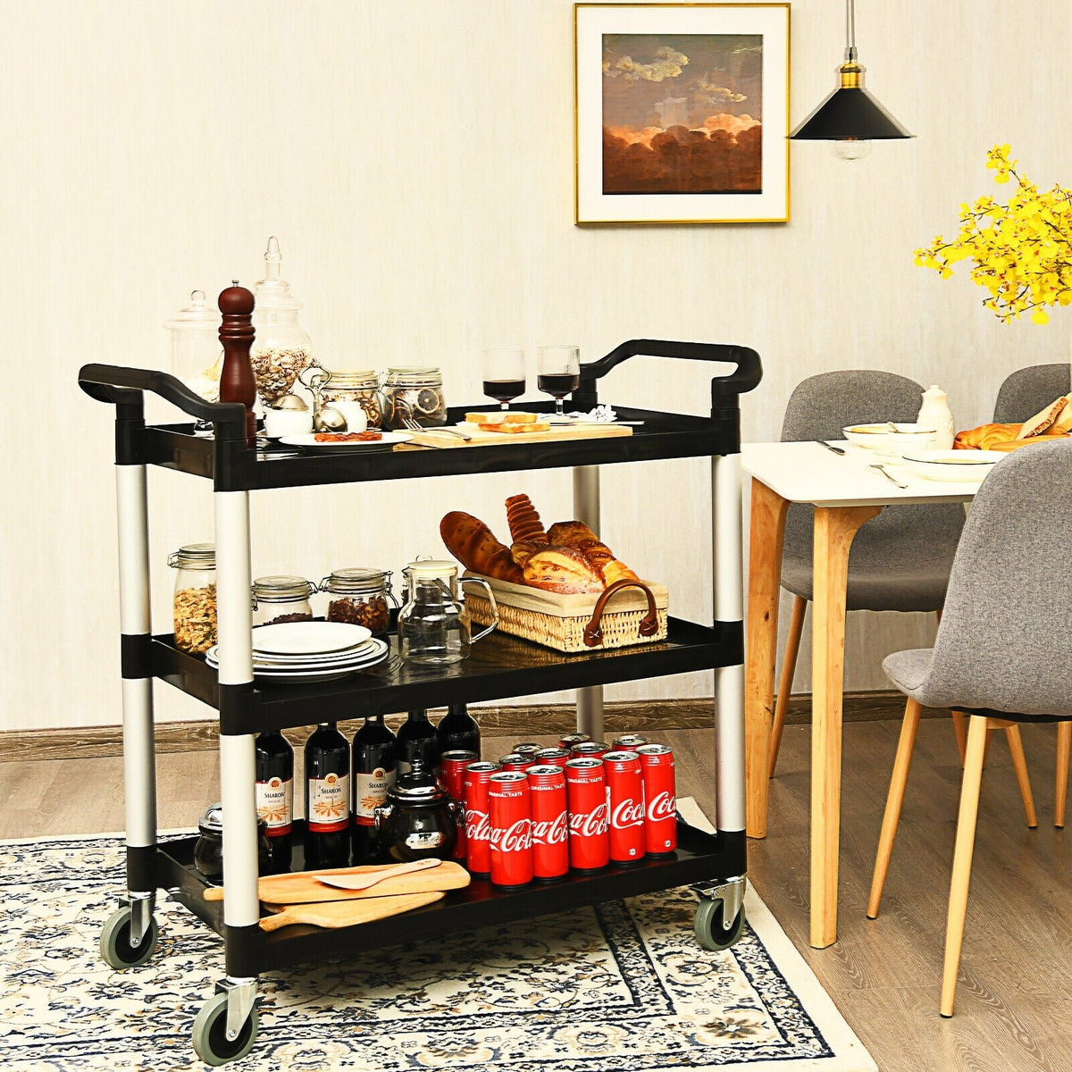 3-Shelf Utility Service Cart Aluminum Frame 490lbs Capacity with Casters view 2