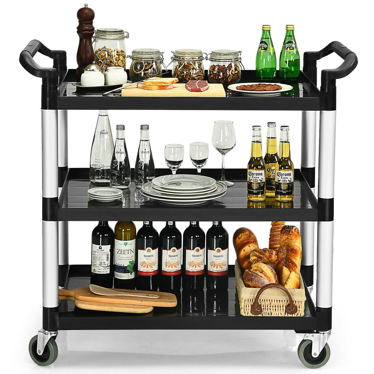 3-Shelf Utility Service Cart Aluminum Frame 490lbs Capacity with Casters view 4