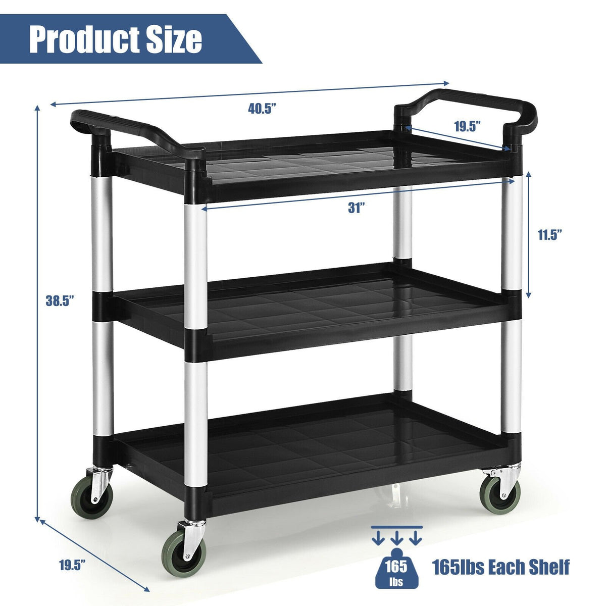 3-Shelf Utility Service Cart Aluminum Frame 490lbs Capacity with Casters view 5