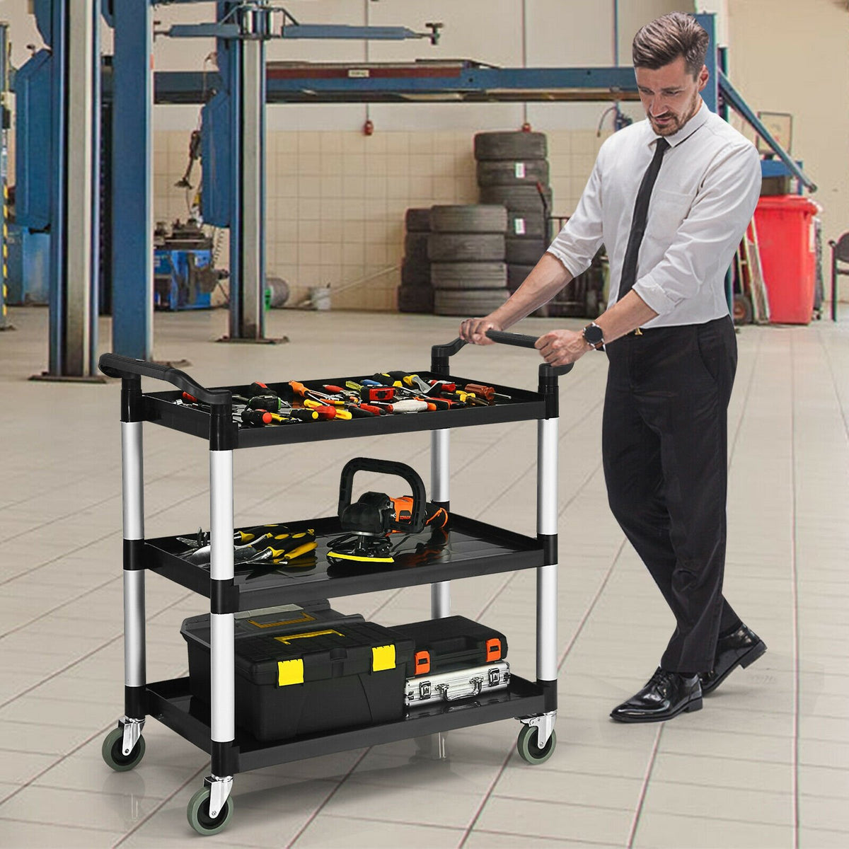 3-Shelf Utility Service Cart Aluminum Frame 490lbs Capacity with Casters view 6