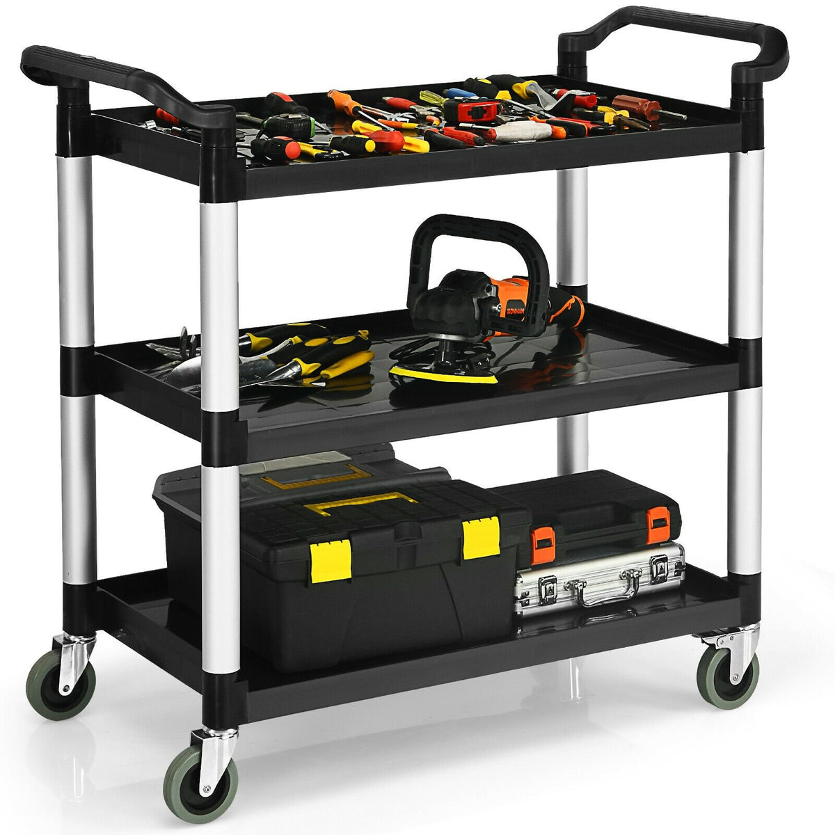 3-Shelf Utility Service Cart Aluminum Frame 490lbs Capacity with Casters view 7