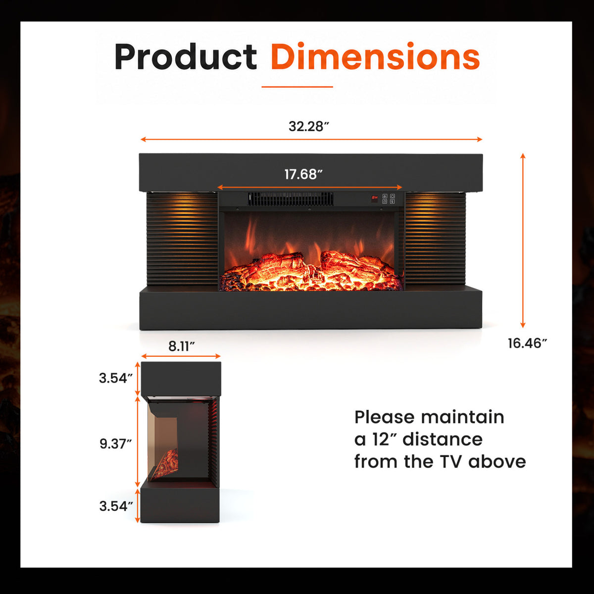 3-Sided Black Wall Mount Electric WiFi Fireplace with Floating Mantel and 12 Flame Ambient-32 inches view 5