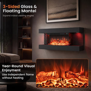 3-Sided Black Wall Mount Electric WiFi Fireplace with Floating Mantel and 12 Flame Ambient-32 inches view 8