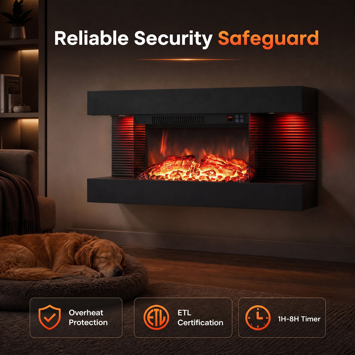 3-Sided Black Wall Mount Electric WiFi Fireplace with Floating Mantel and 12 Flame Ambient-32 inches view 9