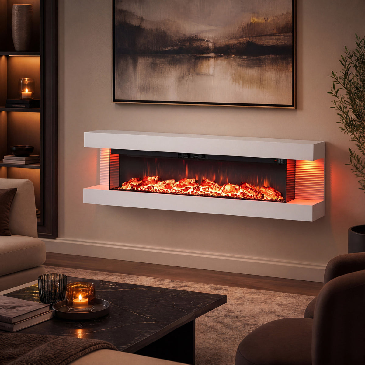 3-Sided White Wall Mount Electric WiFi Fireplace with Floating Mantel and 12 Flame Ambient-60 Inches view 2