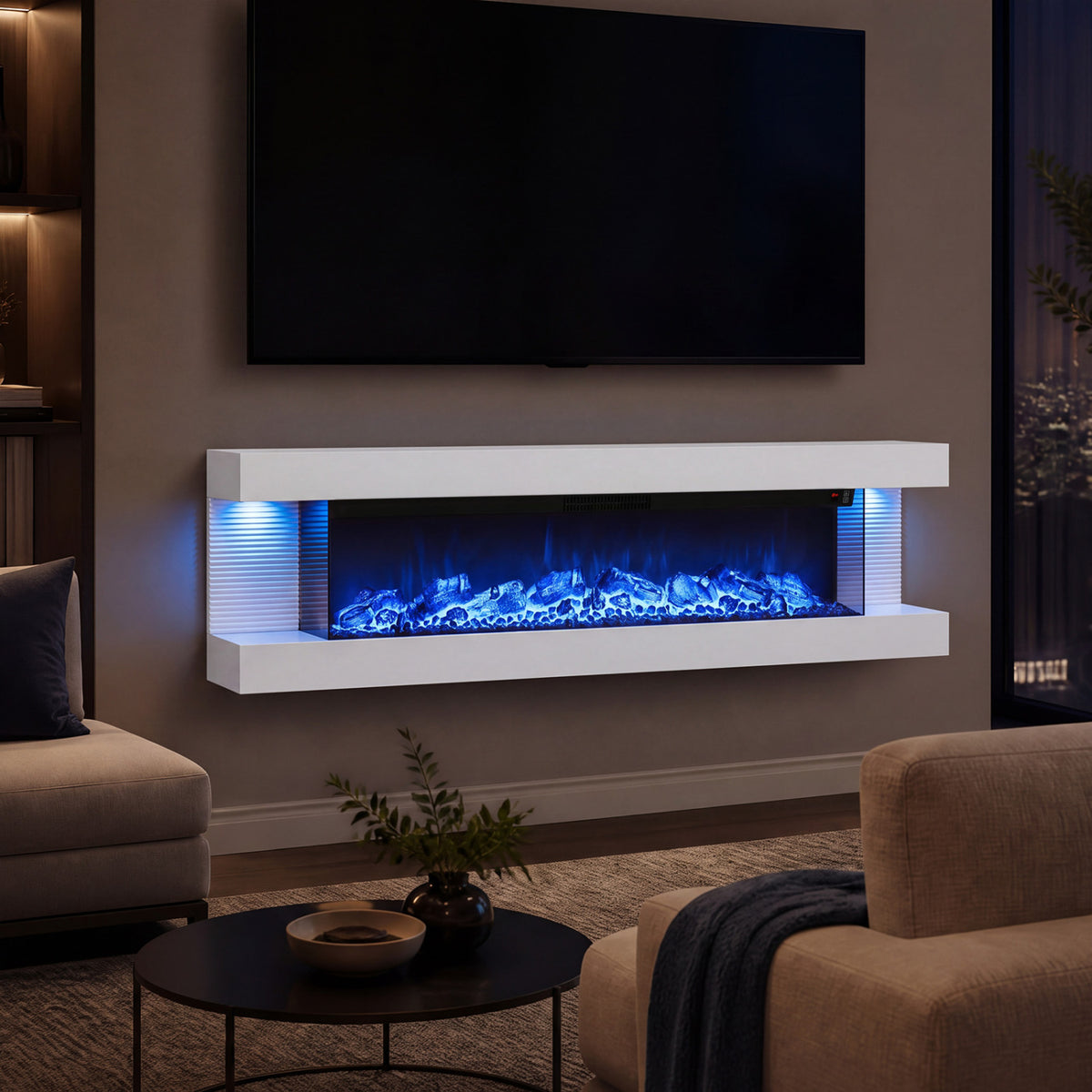 3-Sided White Wall Mount Electric WiFi Fireplace with Floating Mantel and 12 Flame Ambient-60 Inches view 3