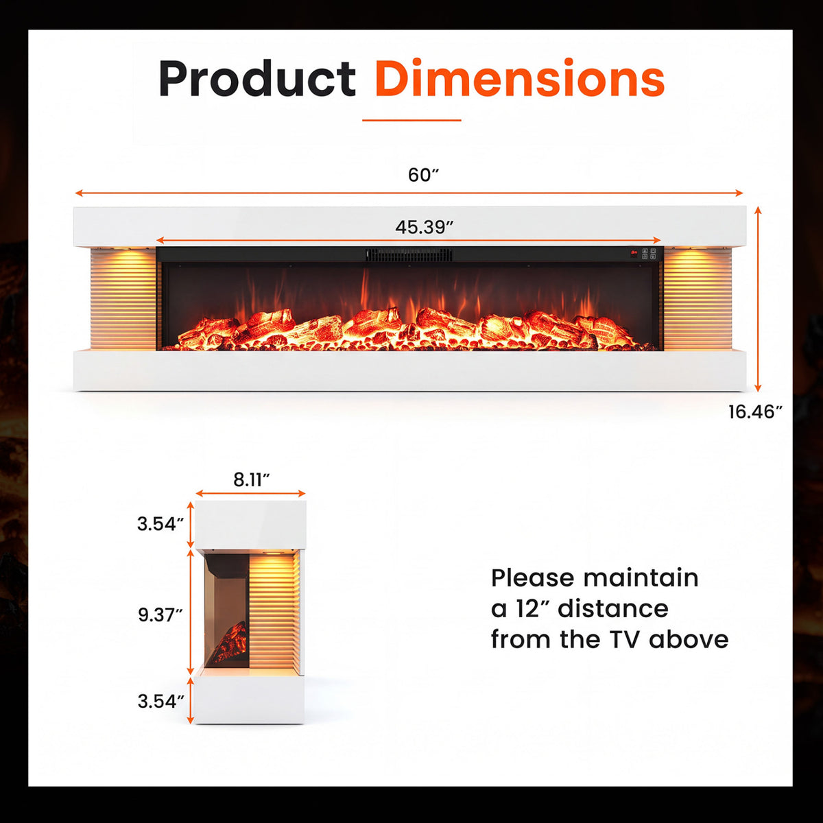 3-Sided White Wall Mount Electric WiFi Fireplace with Floating Mantel and 12 Flame Ambient-60 Inches view 4