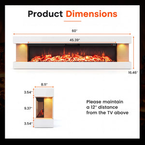 3-Sided White Wall Mount Electric WiFi Fireplace with Floating Mantel and 12 Flame Ambient-60 Inches view 4