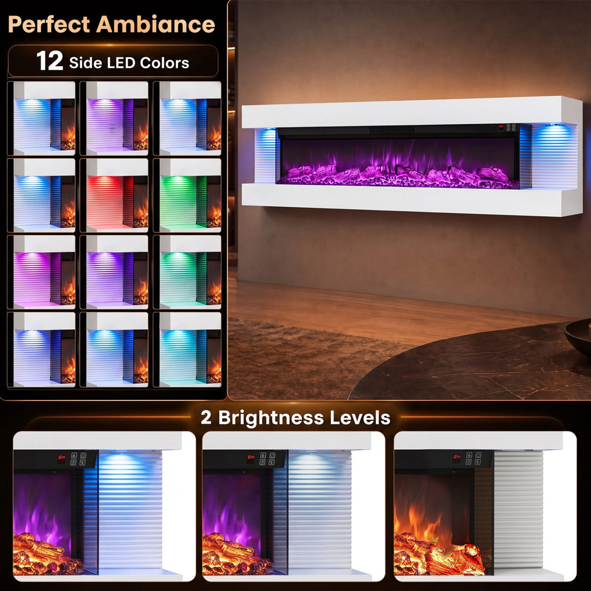 3-Sided White Wall Mount Electric WiFi Fireplace with Floating Mantel and 12 Flame Ambient-60 Inches view 6