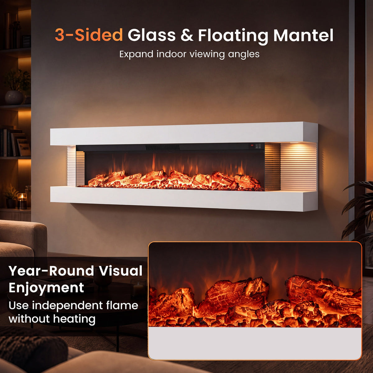 3-Sided White Wall Mount Electric WiFi Fireplace with Floating Mantel and 12 Flame Ambient-60 Inches view 7
