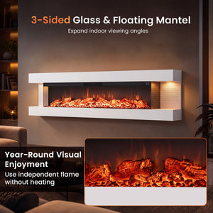 3-Sided White Wall Mount Electric WiFi Fireplace with Floating Mantel and 12 Flame Ambient-60 Inches view 7