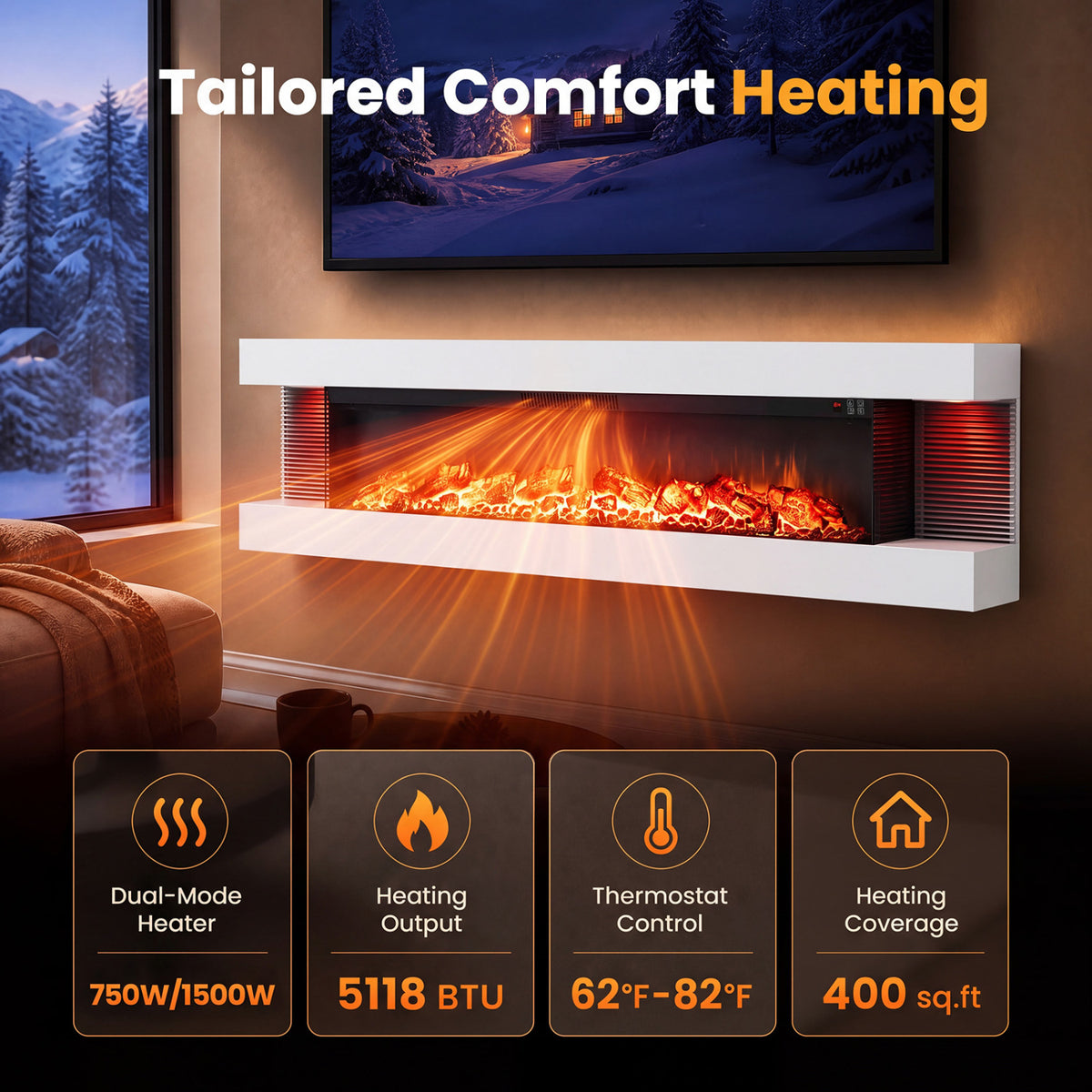 3-Sided White Wall Mount Electric WiFi Fireplace with Floating Mantel and 12 Flame Ambient-60 Inches view 8