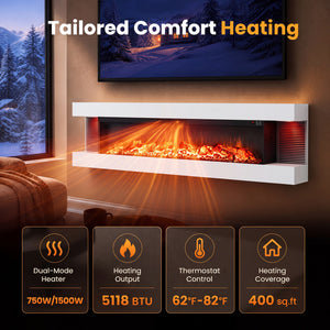 3-Sided White Wall Mount Electric WiFi Fireplace with Floating Mantel and 12 Flame Ambient-60 Inches view 8