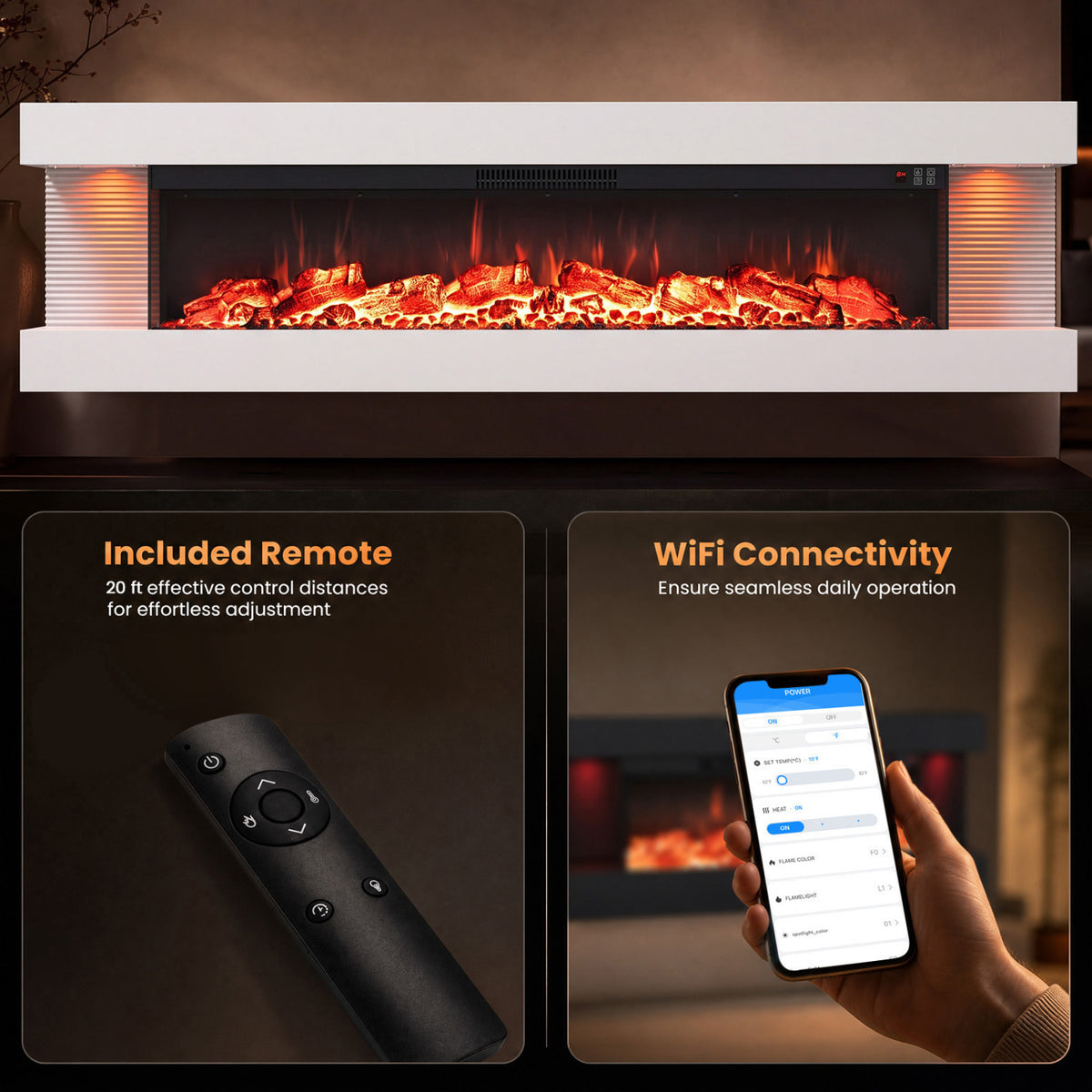 3-Sided White Wall Mount Electric WiFi Fireplace with Floating Mantel and 12 Flame Ambient-60 Inches view 9