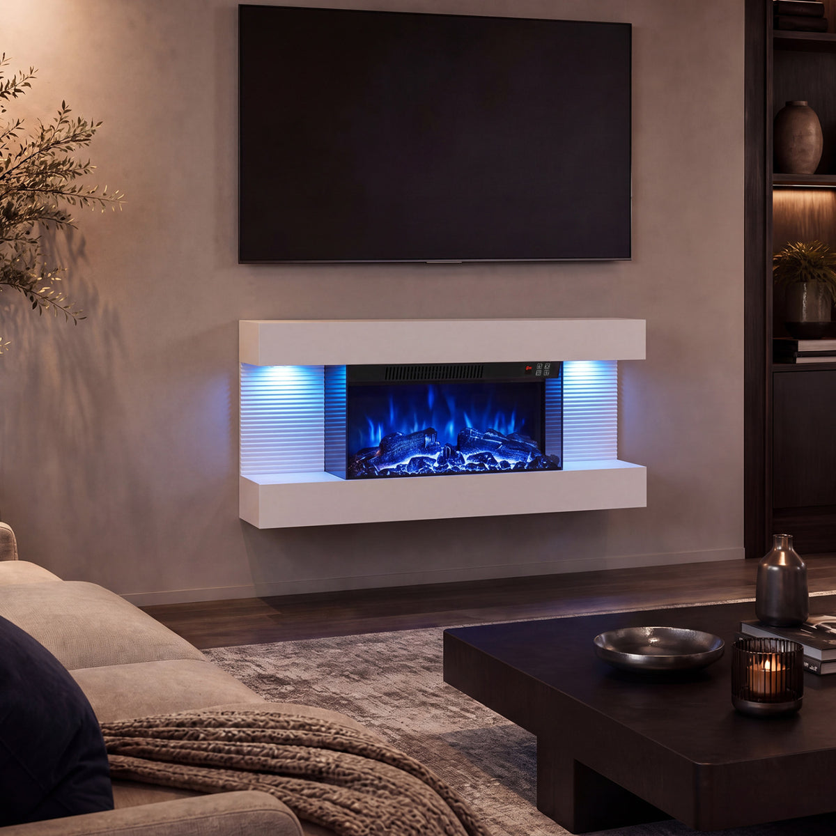 3-Sided, White Wall Mount Electric WiFi Fireplace with Floating Mantel and 12 Flame Ambient Colors-32 inch view 3