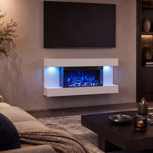 3-Sided, White Wall Mount Electric WiFi Fireplace with Floating Mantel and 12 Flame Ambient Colors-32 inch view 3
