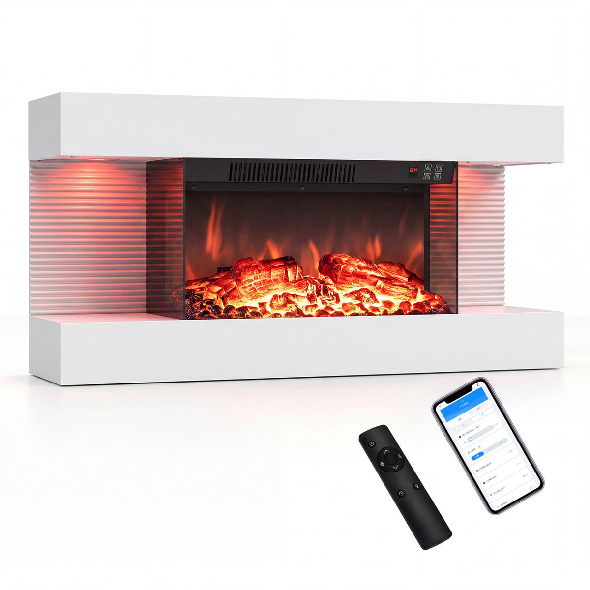 3-Sided, White Wall Mount Electric WiFi Fireplace with Floating Mantel and 12 Flame Ambient Colors-32 inch view 4