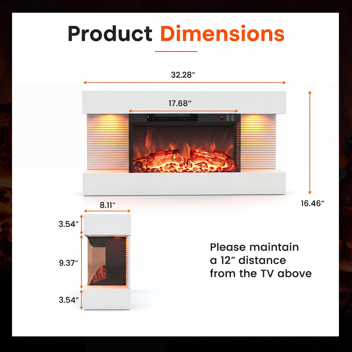 3-Sided, White Wall Mount Electric WiFi Fireplace with Floating Mantel and 12 Flame Ambient Colors-32 inch view 5