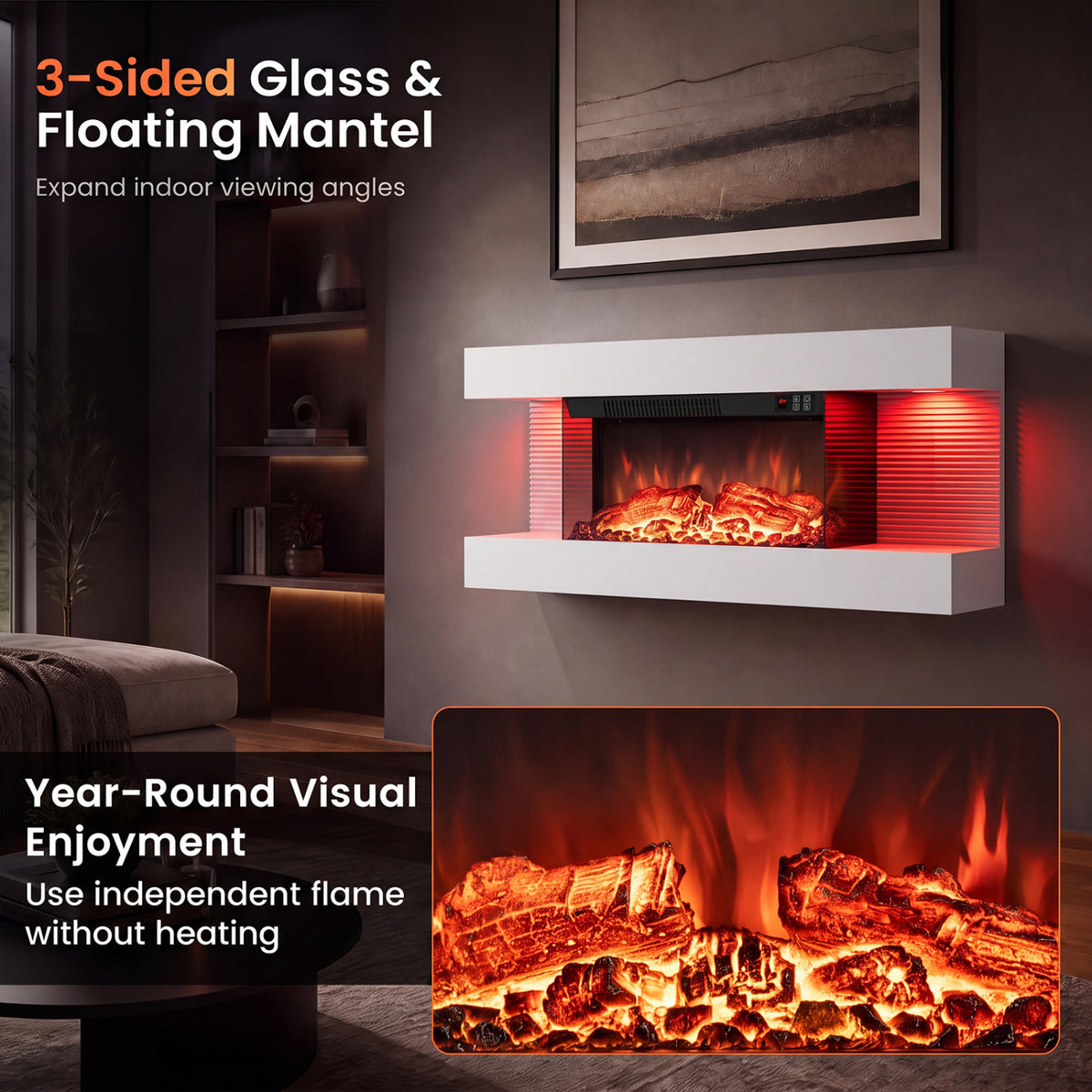 3-Sided, White Wall Mount Electric WiFi Fireplace with Floating Mantel and 12 Flame Ambient Colors-32 inch view 8