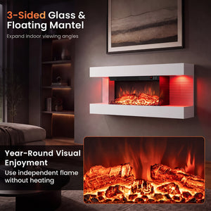 3-Sided, White Wall Mount Electric WiFi Fireplace with Floating Mantel and 12 Flame Ambient Colors-32 inch view 8