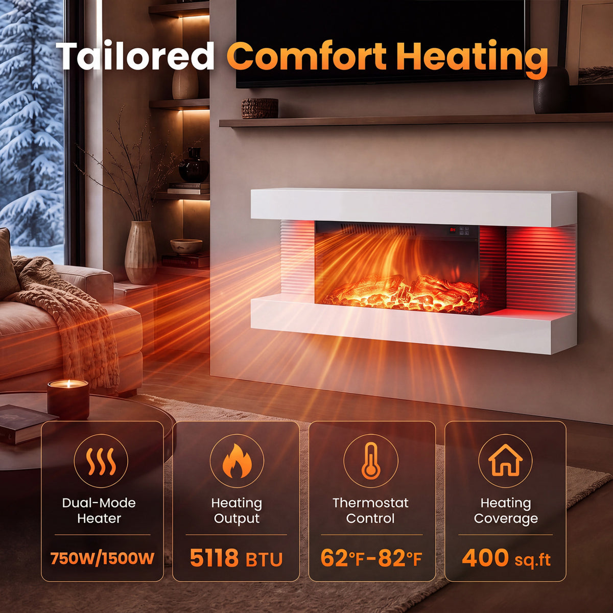 3-Sided, White Wall Mount Electric WiFi Fireplace with Floating Mantel and 12 Flame Ambient Colors-32 inch view 9