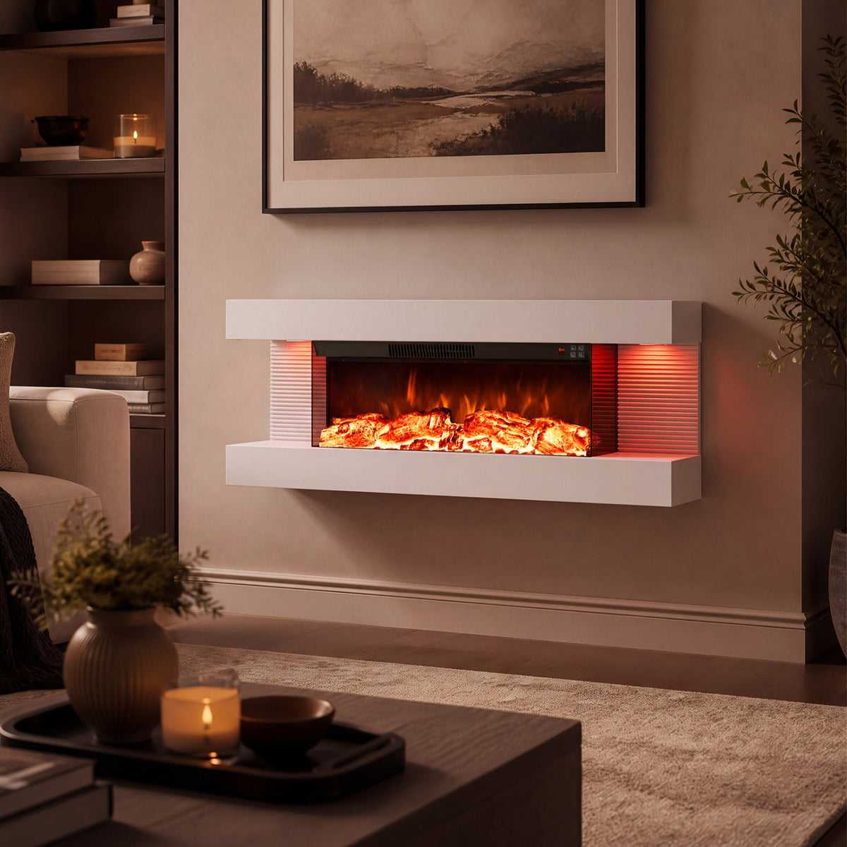 3-Sided, White Wall Mount Electric WiFi Fireplace with Floating Mantel and 12 Flame Ambient Colors-40 inches view 2
