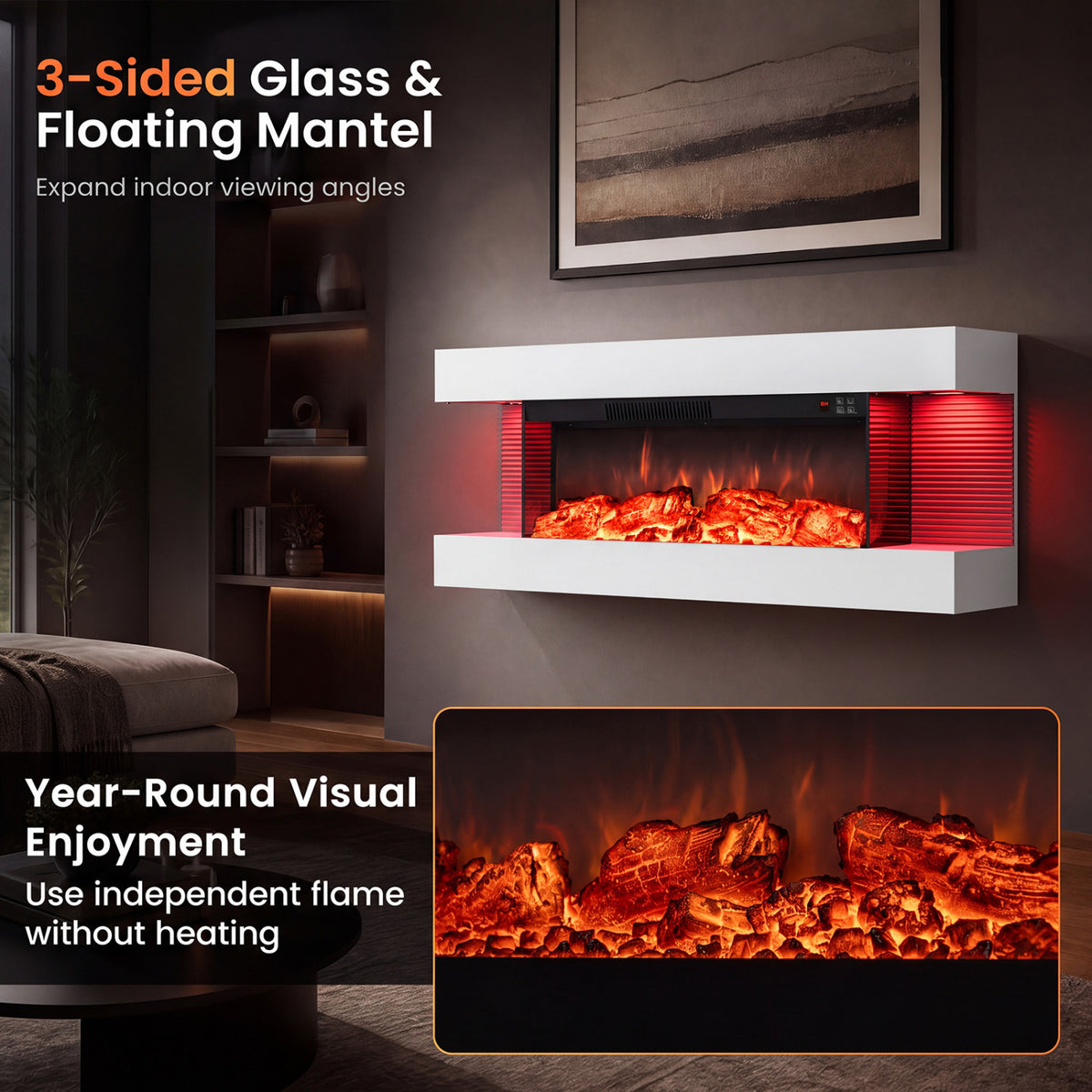 3-Sided, White Wall Mount Electric WiFi Fireplace with Floating Mantel and 12 Flame Ambient Colors-40 inches view 8